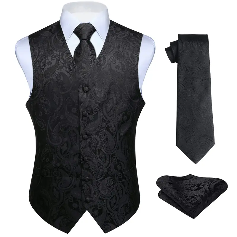 Men's 3-Piece High-Quality Formal Waistcoat Vest Set - Silk Paisley Jacquard Waistcoat, Button Tie, Pocket Square, Formal Attire, High-Quality Clothing, Fathersdaygift for Weddings or Tuxedo Suit Wear