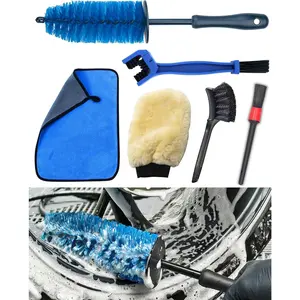 Motorcycle Cleaning Brush Kit 6 Pack, Easy Reach Brush, Chain Brush,Wool Wash Mitt, Stiff Tire Brush, Detailing Brush& Microfiber Towel for Motorcycle Mudguard, Rims,Exhaust, Frame Detailing Wash Kit
