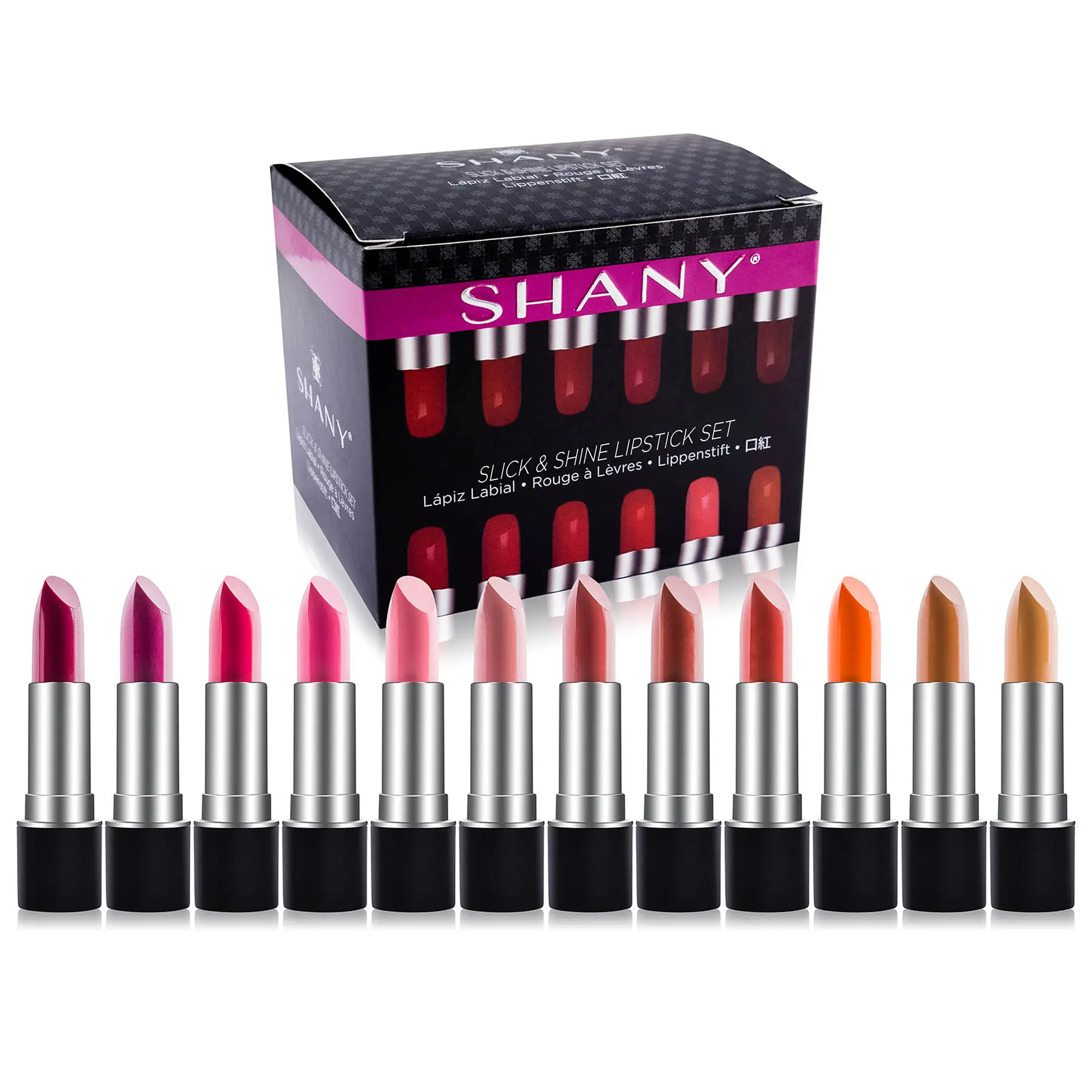 SHANY Slick and Shine Multicolored Lipstick Set 12 Matte Lip Colors Long Lasting Hydrating Lip shades with Vitamin E and Aloe Vera in for Smooth Creamy Lip contour and Everyday Makeup Use