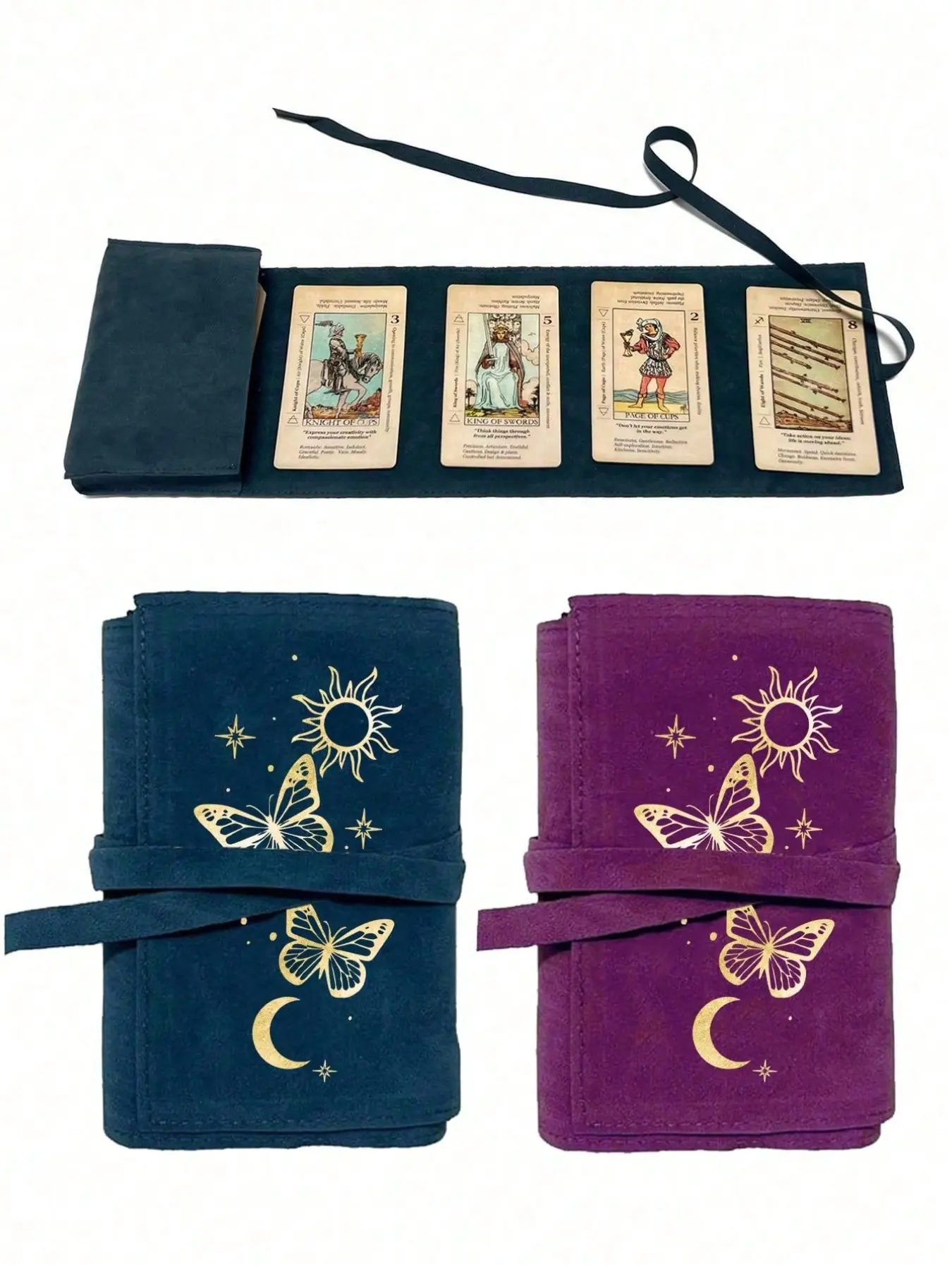 Velvet Tarot Card Storage Bag, printed with gold butterflies, moon and sun patterns, drawstring closure, fabric protective cover, portable pouch, Portable Storage Organizer, suitable for storing cards and small items, Soft Pouch