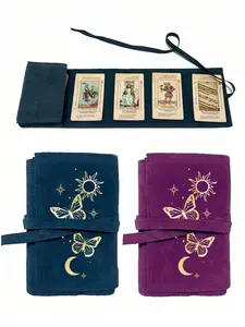 Velvet Tarot Card Storage Bag, printed with gold butterflies, moon and sun patterns, with a drawstring closure, soft fabric protective cover, portable pouch, card holder, suitable for storing cards and small items, fabric protective case