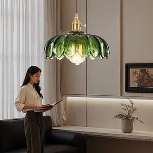 Vintage Green Glass Pendant Light with Flower Design Modern Chandelier Shade for Living Room E26 Bulb Compatible Classic Series Lamp Indoor Lighting Ceiling Bulb Lamps Ambient Decoration Lamp