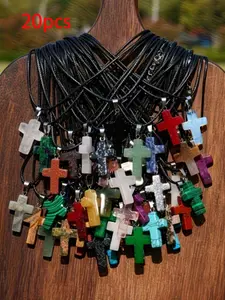 20pcs Natural Stone Cross Necklaces, Random Colors, Free Style, Natural Patterns, Perfect for Work and Shopping, All Seasons