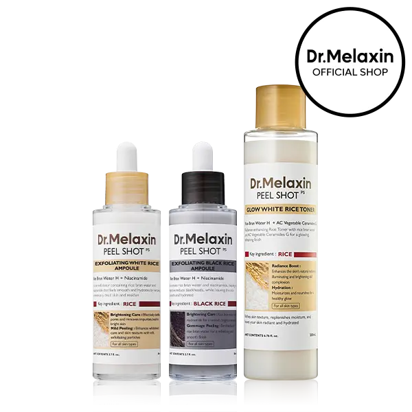 [Dr.Melaxin Official] Peel Shot Glow Rice Trio, 3-Piece | White Rice Toner + White Rice & Black Rice Exfoliating Ampoules | Rice Ferment Exfoliator for Glass Skin, Pores & Smooth Texture | Korean Skincare
