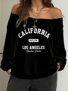Women's Casual Loose-Fit Letter Print Knit Sweatshirt, Comfortable Home Wear, Spring & Fall Fashion, Daily Wear Essential