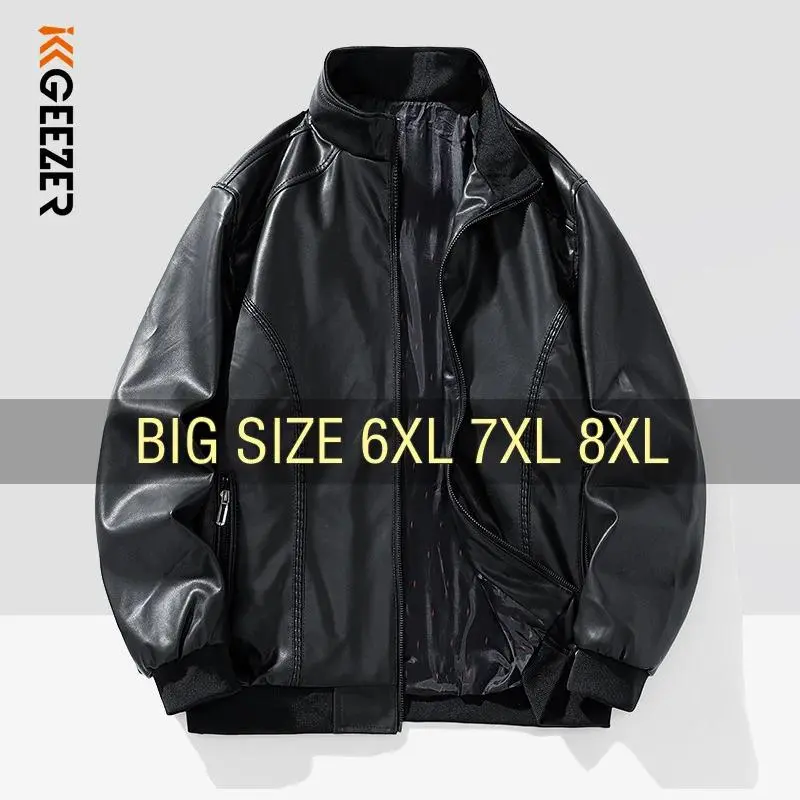 Men's Black Motorcycle Leather Jacket - Fleece Lined, Windproof Long Sleeve Tops, Plus Size Oversized Winter Outdoors Travel Coat, Menswear, Motocross, Biker, 7Xl, 4Xl, 5Xl, Fashion, Longsleeves, Black Fleece-Lined