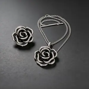 Sensitive Skin-Safe Black Rose Necklace, Adjustable Chain, a Surprise Gift for Anniversary/Prom Hypoallergenic Luxury Rose Necklace & Brooch, Sparkling CZ, a Precious Gift for Her Sensitive Skin