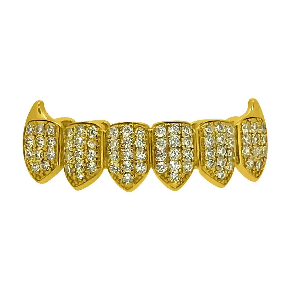 Gold Plated Vampire Fang Bottom Teeth Grillz, Hip Hop Style with Iced Out CZ Diamonds, Includes Custom Fit Silicone Bar & Storage Box, Vampire Fang Grillz, Brass, Single Pair, Removable Wear, Decoration, Solid Brass