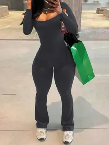 Plus Size Women's Black Square Neck Long Sleeve Flared Jumpsuit, Womenswear, High-Stretch Skinny & Slimming Fit Flare Pants, Spring/Fall Shopping & Casual Wear