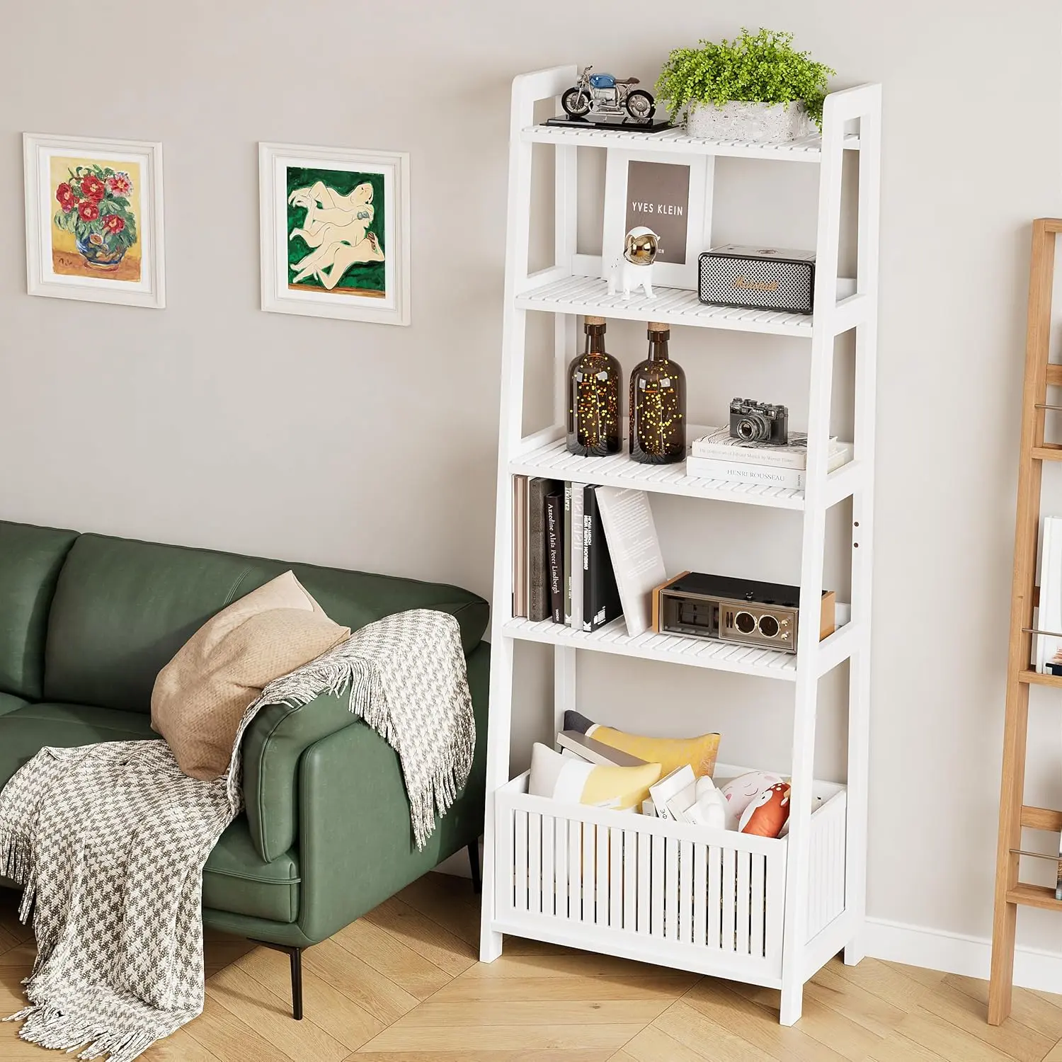 White Bookshelf with Slatted Basket, Ladder Bookcase with 4 Display Shelves and 1 Open Storage Basket, Multifunctional Storage Rack Organizer for  Office, Bedroom, Living Room, 66 H