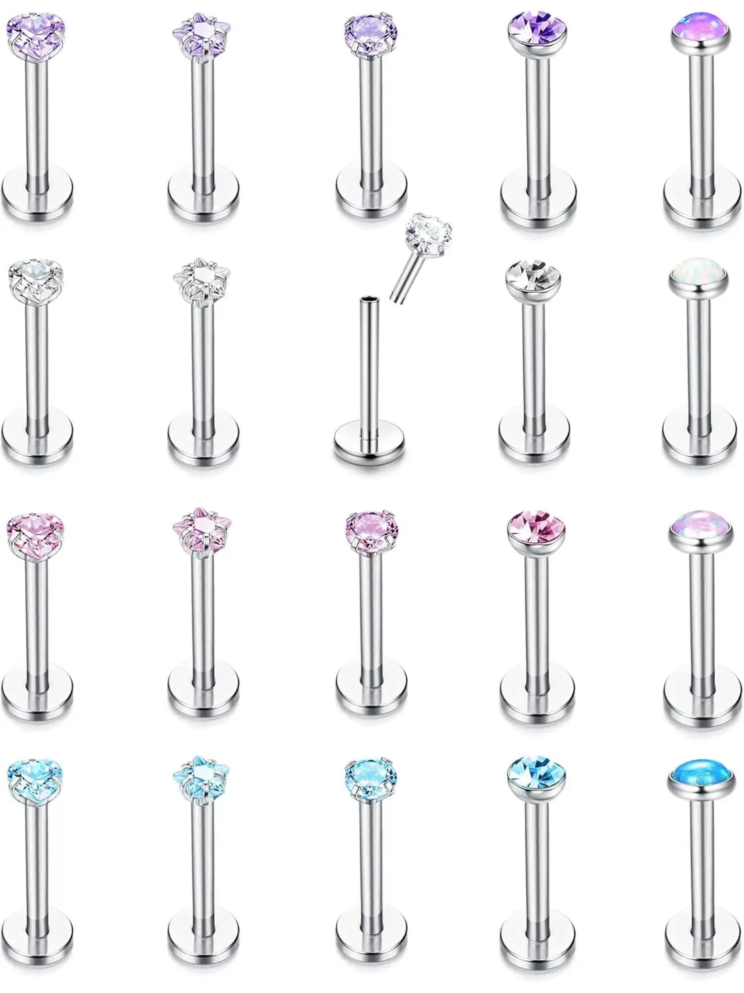 20PCS Threadless Push in Lip Rings 16G Labret Jewelry Cubic Zirconia CZ Bling Sparkling Zircon Inlay Lip Studs Stainless Steel Cartilage Earrings for Women Monroe Medusa Piercing Jewelry 6/8mm Bar Length