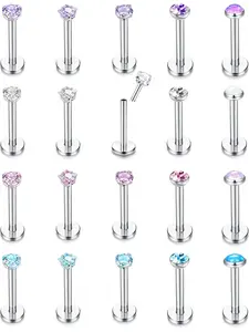 20PCS Threadless Push in Lip Rings 16G Labret Jewelry Cubic Zirconia Lip Studs Stainless Steel Cartilage Earrings for Women Monroe Medusa Piercing Jewelry 6/8mm Bar Length