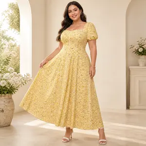 Plus Size Cottagecore Maxi Dress for Women Summer 2026, Butter Yellow Floral Puff Sleeve Square Neck A-Line Smocked Sundress, Coquette Boho Flowy Long Dress for Wedding Guest Vacation Easter Outfit