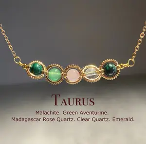 Taurus Crystal Necklace, Handmade Zodiac Necklace, Green Aventurine, Clear Quartz, Rose Quartz, Natural Astrology Gift