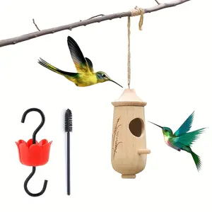 Spring Bird Wooden Hummingbird House & Feeder Combo, Birdhouse, Easy to Clean, Ideal Garden Decoration, Attracts Birds Effectively