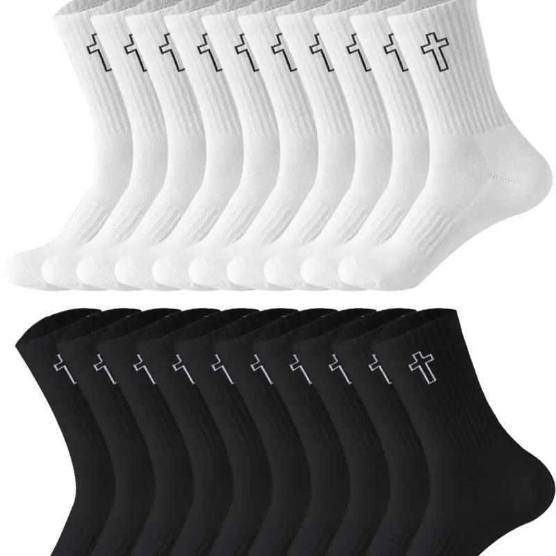 Men's Cross Print Crew Socks, Casual Comfy Mid-calf Socks for Daily Wear, Men's Stylish Socks for All Seasons, Sock Pairs, Breathable Fabric Knit Socks, Casual Fashion Socks, Summer Socks