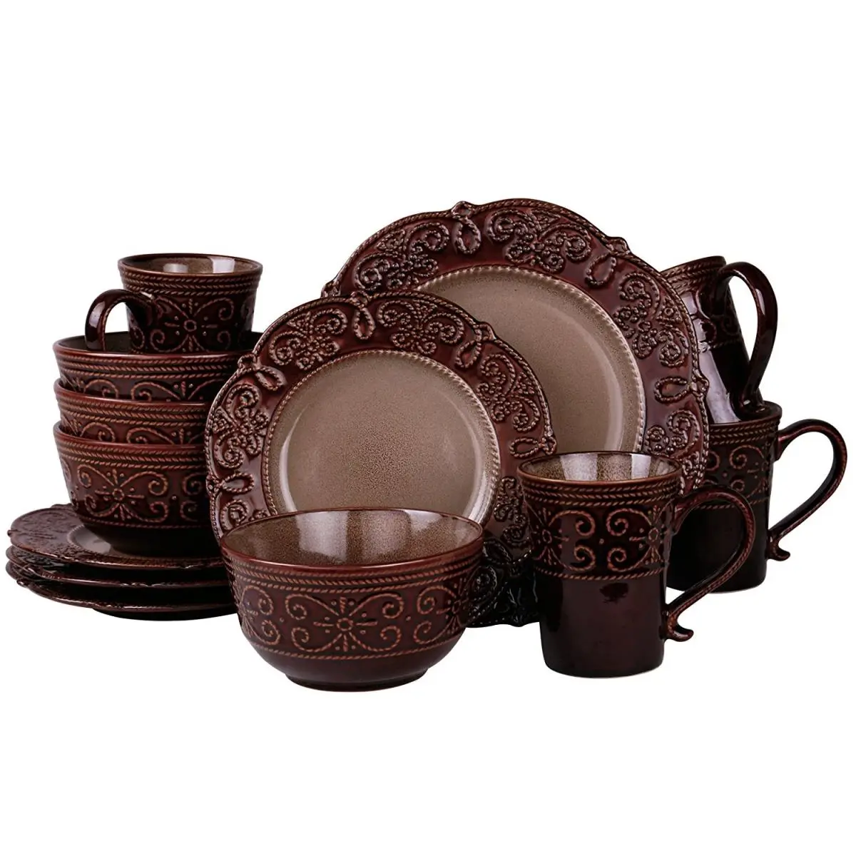 212 MAIN Salia High Gloss Stoneware 16-Piece Tableware Set - Textured Rims, Microwave-Safe, Dishwasher-Safe, Includes Plates, Bowls, Mugs, Everyday Use (Model EL-SALIA16)