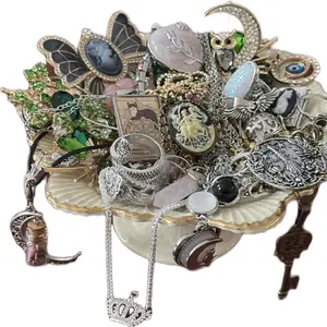 Whimsical Witches Jewelry Jar - Fairy Core Jewelry Collection with Bright Colored Necklaces Brooches Pendants Rings Bracelets Earrings Cameos in Organiser Tin Canister