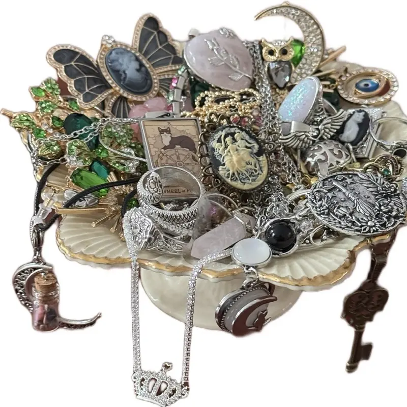 Whimsical Witches Jewelry Jar - Fairy Core Jewelry Collection with Bright Colored Necklaces Brooches Pendants Rings Bracelets Earrings Cameos in Organiser Tin Canister