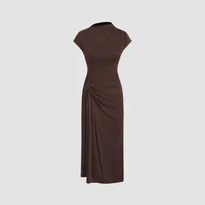 Women's Casual Cider High Neck Solid Twist Ruched Split Maxi Dress - 3 Colors, Size 0-10 SwimWeek