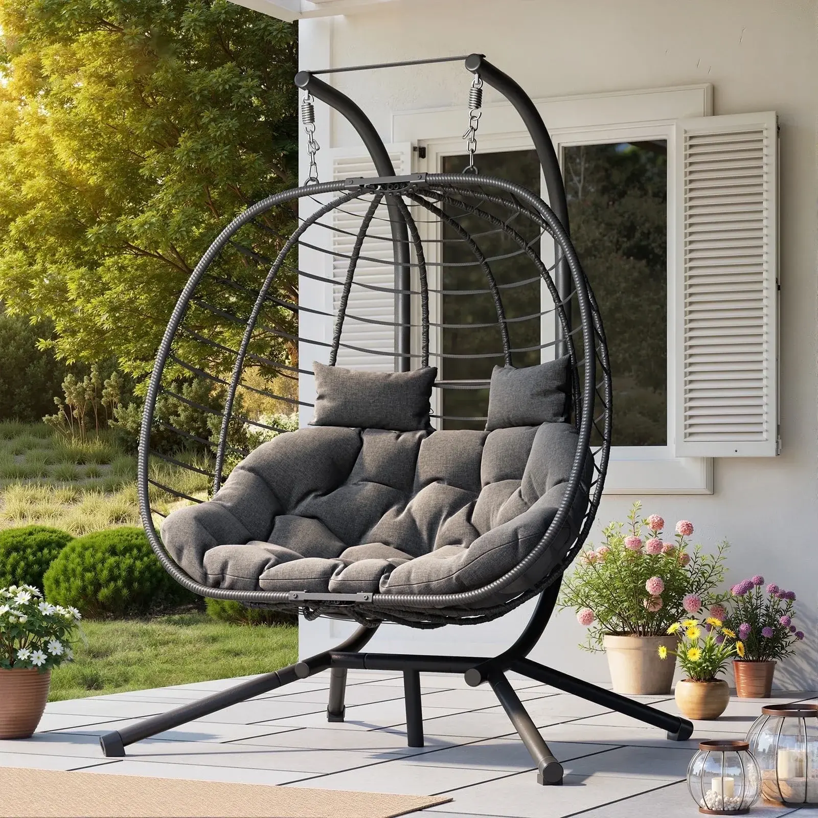 【Summer Sale】UDPATIO Double Wicker 2-Person Foldable Hanging Egg Chair with Stand, Porch Swing Loveseat, Outdoor Patio Furniture for Balcony