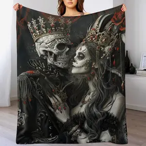 Skull Couple Printed Soft Flannel Blanket - Warm Skin-friendly Office Nap Throw, Husband Gifts For Wife, Sofa Bed Blanket For Halloween