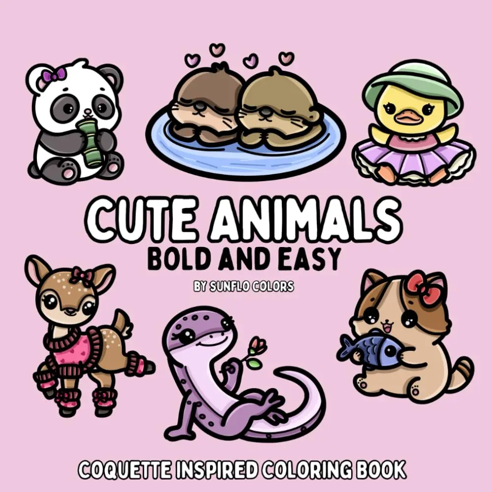 Cute Animals: Coquette Inspired Bold and Easy Coloring Book for Adults or Kids, Paperback