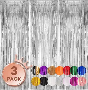 3 Pack 3.3x8.2 Feet Silver Foil Fringe Backdrop Curtains, Tinsel Streamers Birthday Party Decorations,