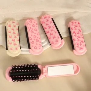 1pc Portable Foldable Hair Brush Comb with Mirror, Cute Bow and Heart Design, Travel-Friendly and Compact Hair Grooming Tool