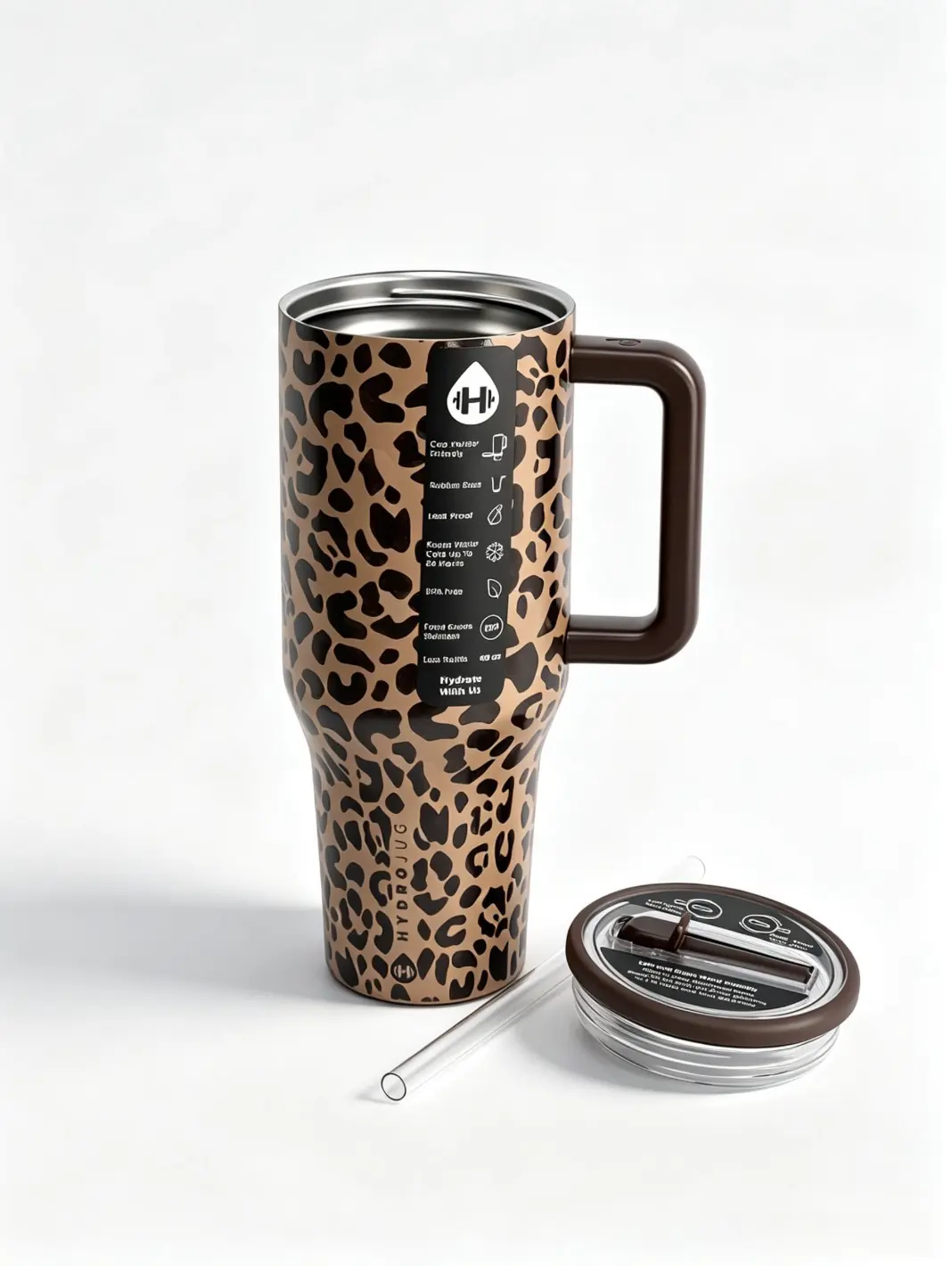 Hydro Flask Leopard Print Travel Mug with Straw and Lid - 24 oz Stainless Steel Tumbler for Coffee and Tea