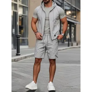 Men's Sleeveless Hooded Vest and Shorts Set, 2-Piece Techwear Outfit with Drawstring Waist, Casual Athletic Set for Summer, Gym, or Outdoor Activities, Available in Paris Grey