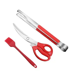 3-Piece BBQ Tool Set, Stainless Steel Meat Scissors and Clips, Korean Cuisine Kitchen Tools, Home Steak Cutter, Grill Kit