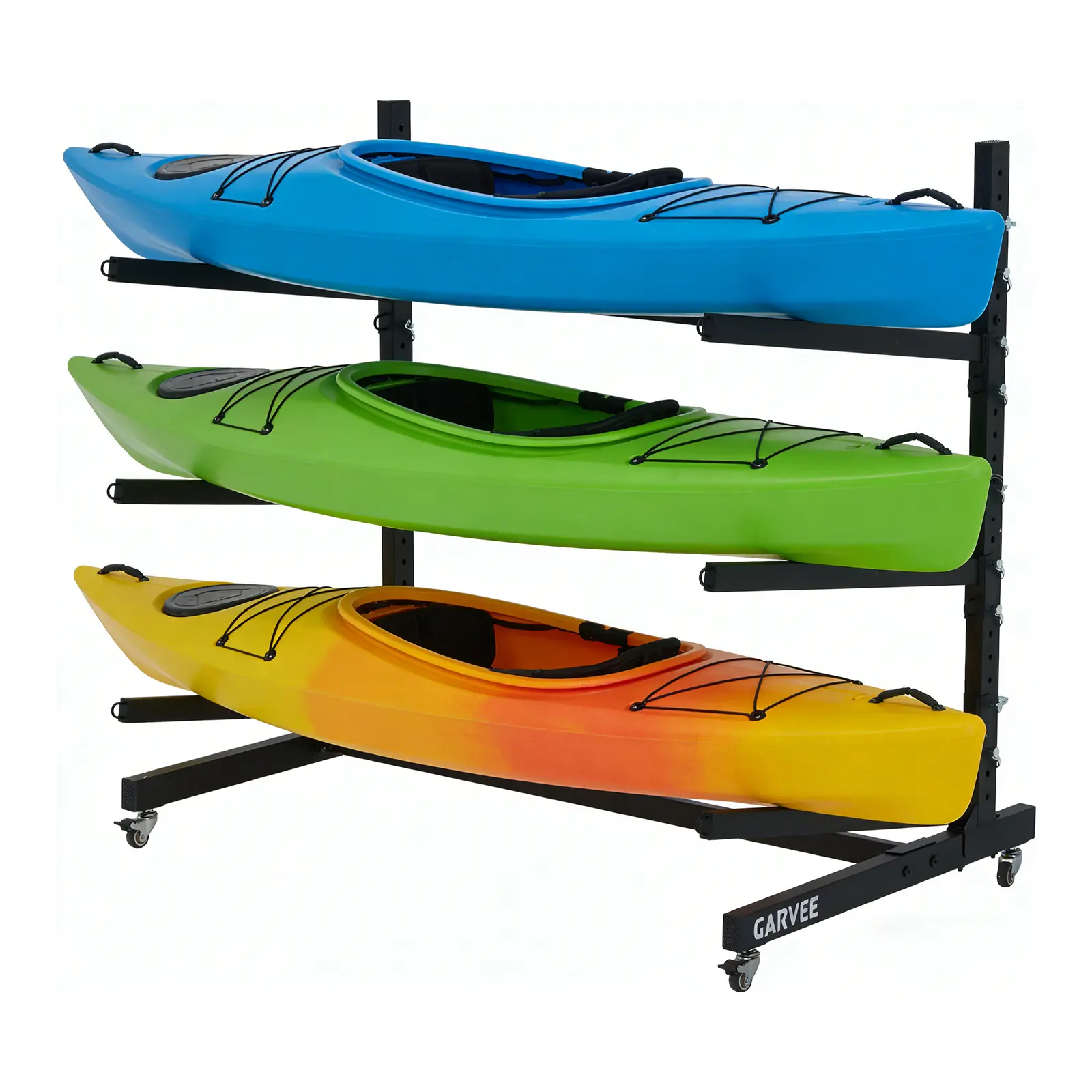 Freestanding Kayak Storage Rack with Wheels - 2-Tier Adjustable Heavy Duty Stand for Kayaks, Canoes, SUPs, Surfboards - Garage, Outdoor Sport Organizer