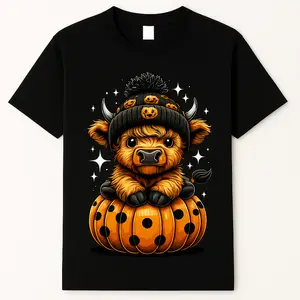 Women's Cute Pumpkin Highland Cow T-Shirt, Black Cotton Crew Neck Short Sleeve Graphic Tee, Loose Fit, Soft Breathable Fabric, Comfortable Everyday Summer Top, Fall Casual Streetwear
