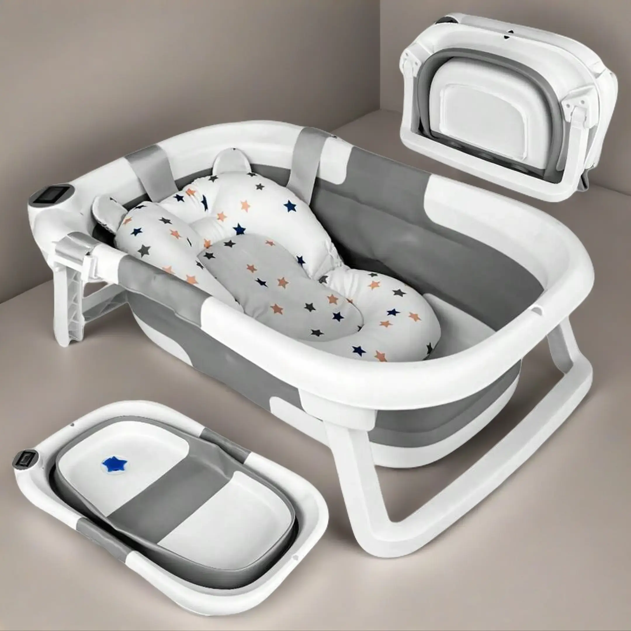 Collapsible Baby Bathtub with Built-In Thermometer, Soft Cushion Support, Portable Compact Design for 0-3 Years Olds - Grows with Child, Ideal for Family Visits, Holidays