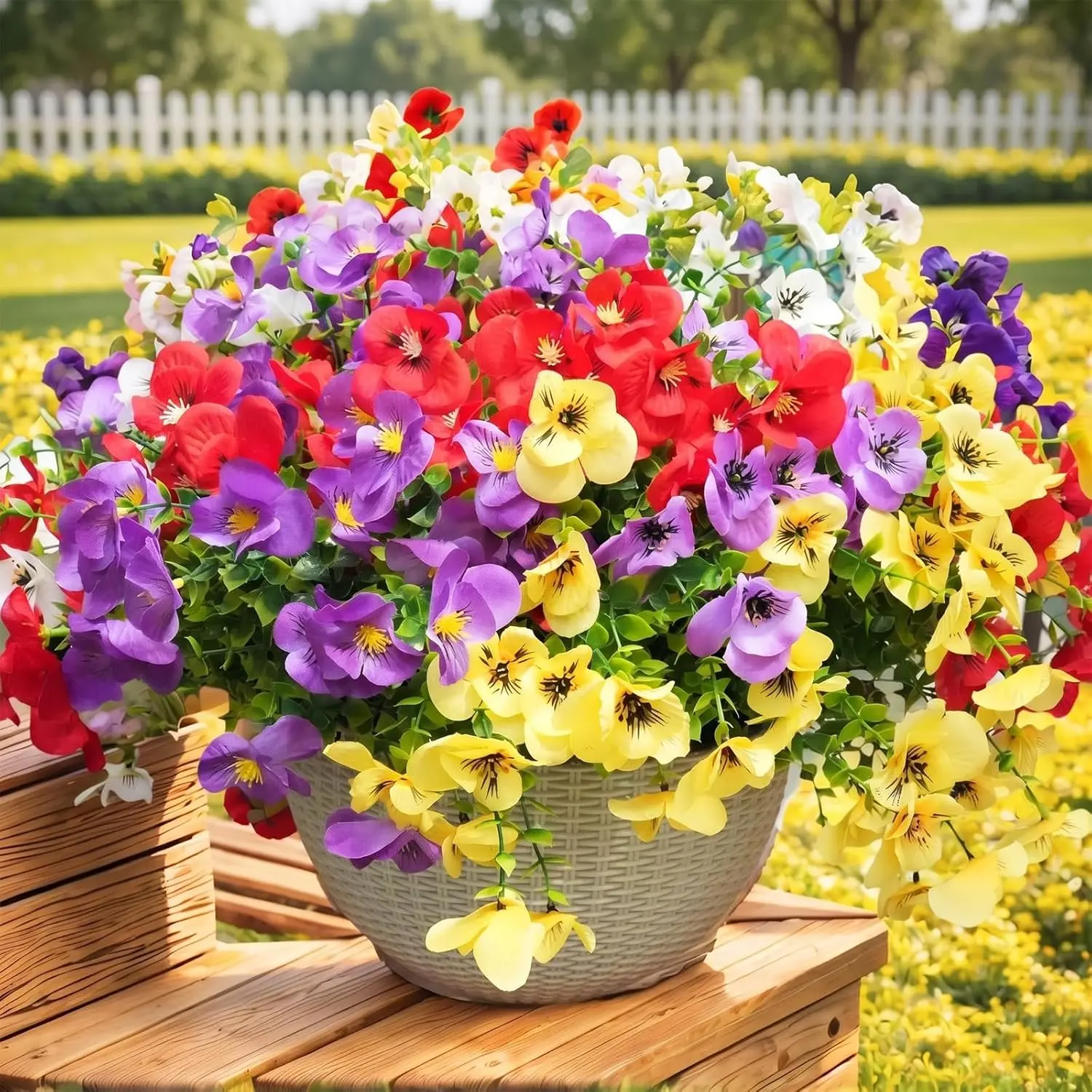 Artificial Flowers for Outdoor, UV Resistant Fake Silk Pansies Flowers, Realistic Faux Plants for Outside Indoor Porch Patio Window Box Planter Home Decor (16, Yellow Purple White Red)