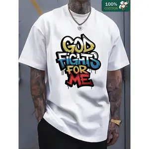 Men's Bold Print with the phrase 'God Fights for Me' Graphic T-Shirt - 100% Cotton white Short Sleeve Crew Neck Regular Fit Casual Wear | Soft & Breathable Fabric, Durable Print, Everyday Comfort, Machine Washable, Regular Fit Streetwear Casual Everyday