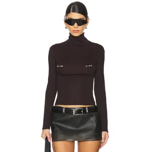 LADO BOKUCHAVA Pierced Turtleneck Top in Chocolate Brown