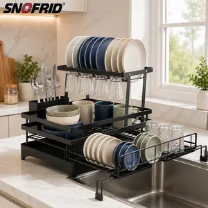 Snofrid Foldable Over Sink Dish Drying Rack｜Pull-Out 2-Tier Dish Drainer with Utensil Holder｜Space Saving Kitchen