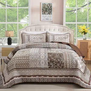 Brown Quilt Set  Size,Bobo Floral Bedspread Coverlet Set, 3 count Bohemian Patchwork Floral  Bedspreads  Quilt Set for All Seasons (96"x90")