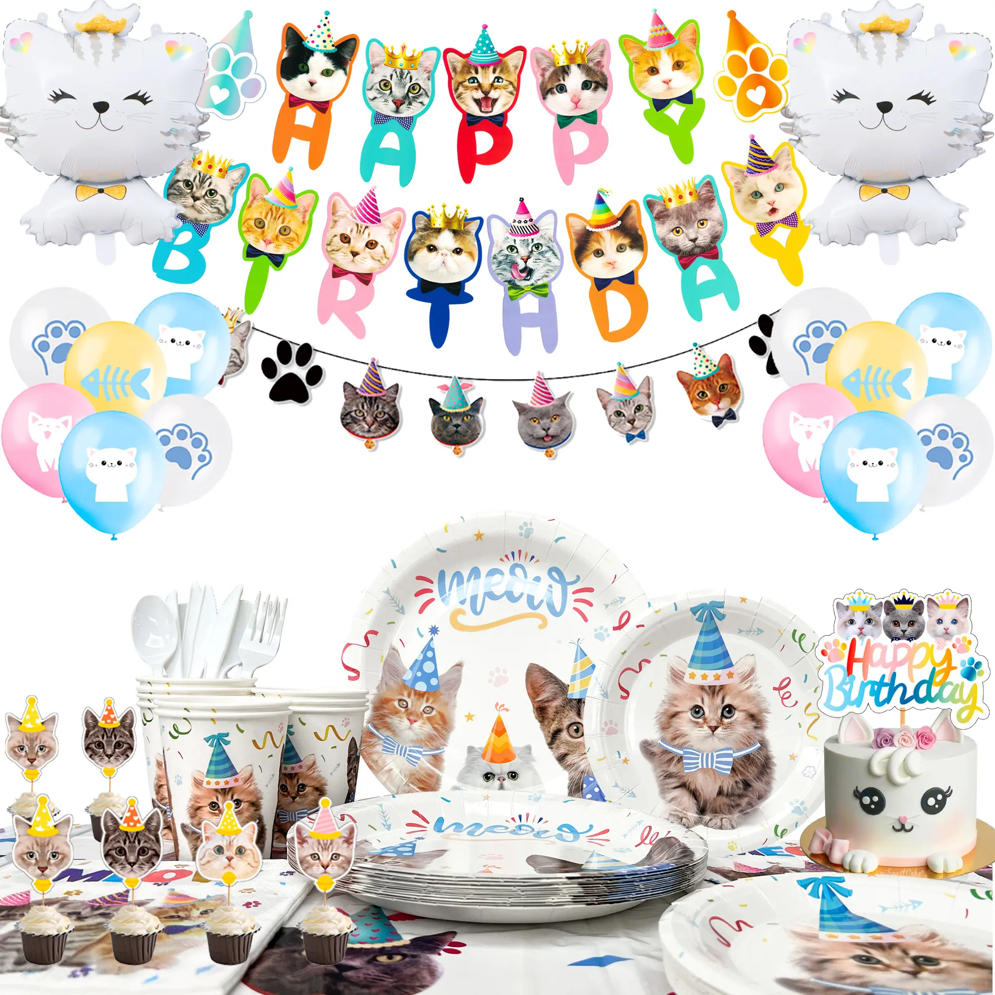 Cat Birthday Party Supplies,167pcs Cat Birthday Decorations & Cat Theme Tableware Set-Cat Party Plates Napkins Tablecloth&Cat Birthday Banner Balloons etc Cat Themed Birthday Party Supplies for Girls