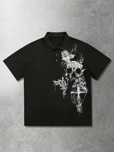 Gothic dark polo shirt short sleeved men's cross print polo short sleeved T-shirt men's polo collar T-shirt skull print black shirt collar T-shirt Y2K shirt summer clothes dark Gothic polo top clothes