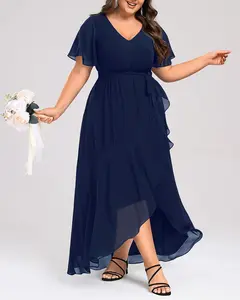 Plus Size Banquet Chiffon Short-sleeved Dress With Short Front And Long Back Irregular Ruffle Hem Casual Womenswear Vneck Blue Basic Minimalist Summer Elegant Lightweight