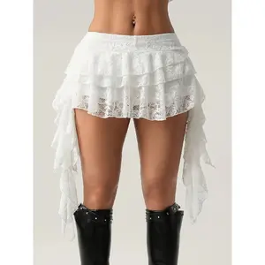 Low-Waist Lace Mini Skirt With Safety Shorts, Holiday Style Ruffle Hem Secure Fit Skirt, Perfect For Vacation Wear