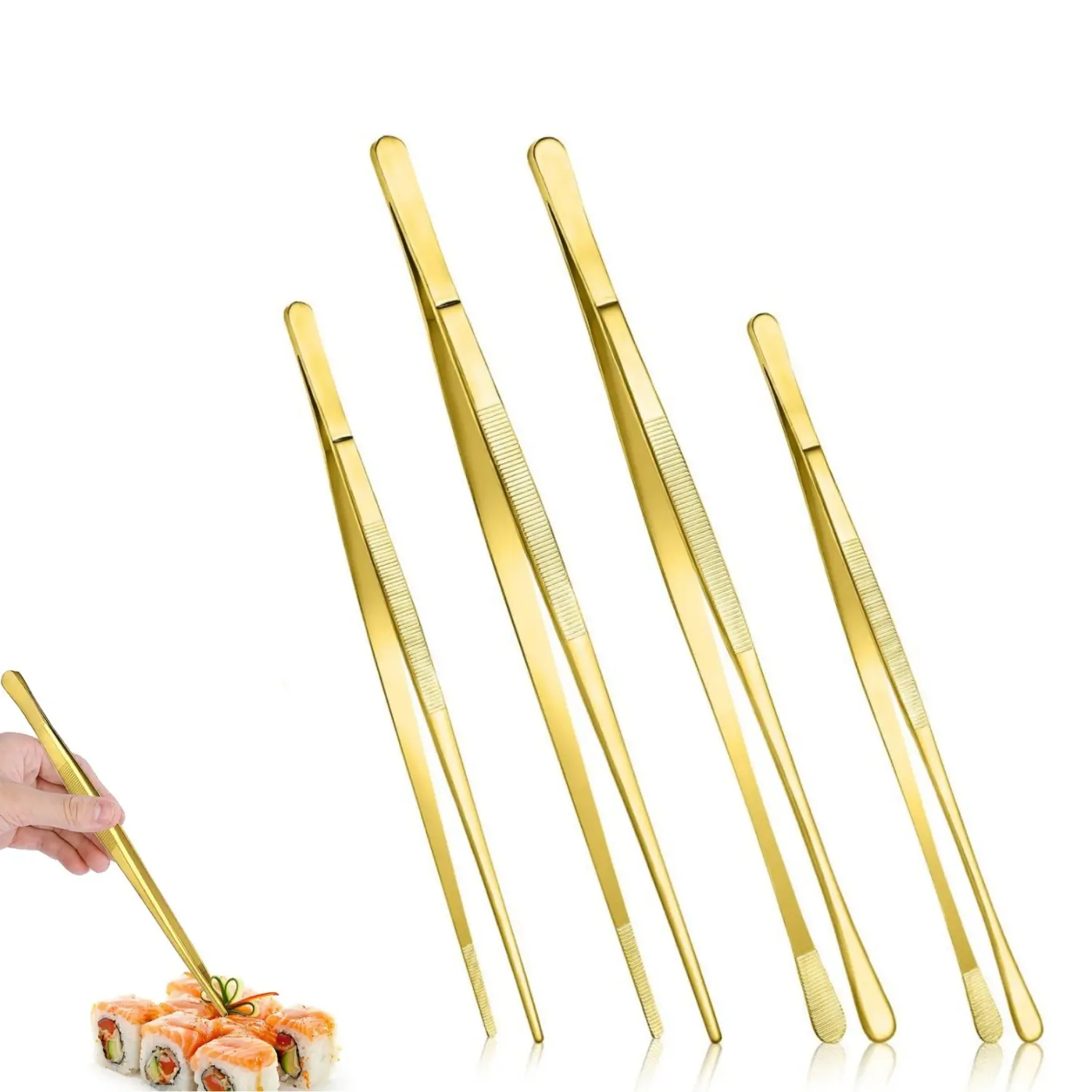 Gold 4Pcs Reusable Stainless Steel Cooking Tweezers Set - 10-12in Precision Serrated Tips, Heat-Resistant Professional Chef Barbecue Tong Tools for Roasting, Serving - Home Improvement Kitchenware