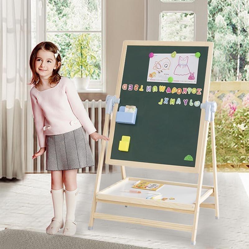 ADENA MONTESSORI 2-in-1 Adjustable Wooden Standing Art Easel & Toys Table for Kids 3-8 Years Old - Dual-Sided Magnetic Design with Storage Shelf & Accessories for Creative Play and Learning