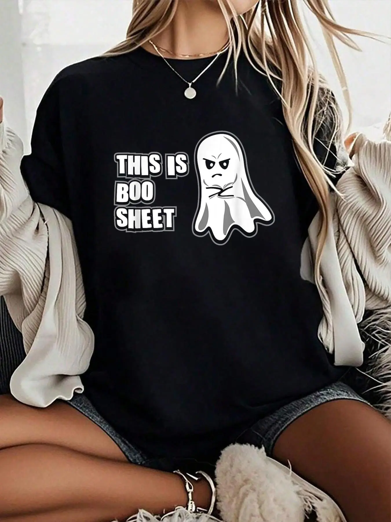 100% Cotton Unisex This Is Boo Sheet Boo Ghost Funny Halloween Costume T-Shirt Short Sleeve T-Shirt Women's Men's Graphic Tee Causal Tops