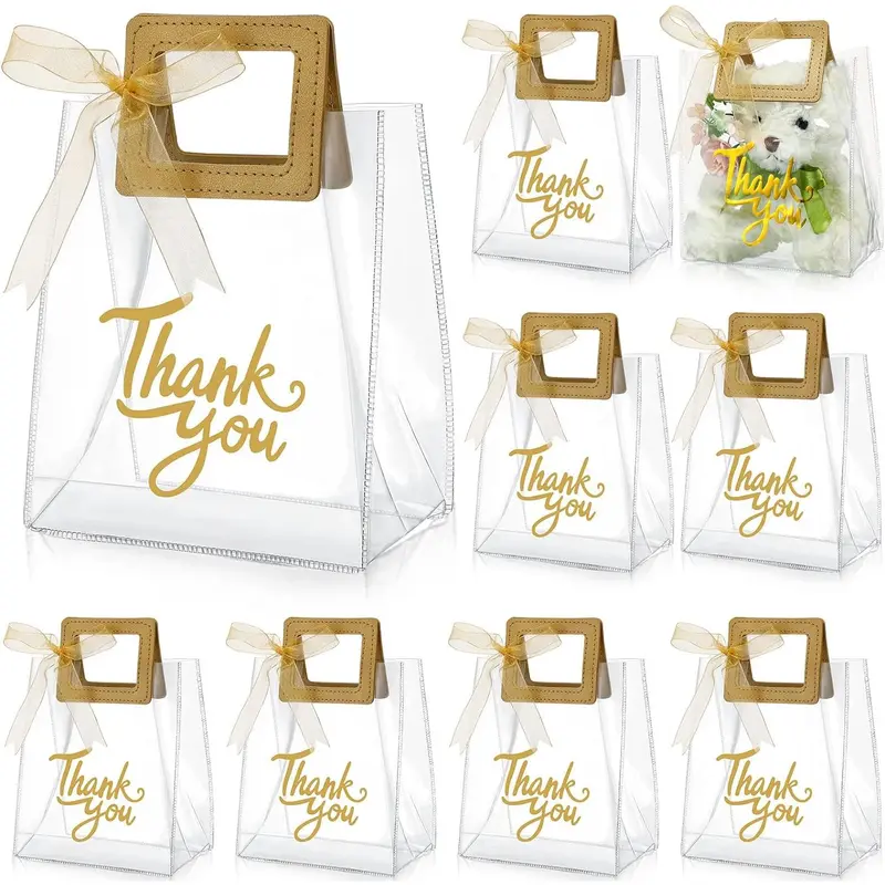 12 count Clear  Bags with Handle Thank You  Handbags Transparent PVC Wrap Bags  Heavy Duty Totes for Bridal Party  Shower Wedding Birthday 7 x 4 x 8 Inch()