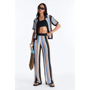 Lisa Crochet Wide Leg Pant Set - Blue/combo