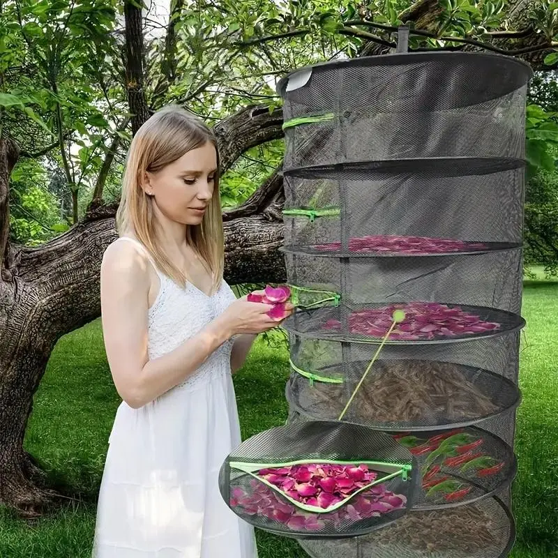4-tier Herb Drying Rack, Plant Hanging Net with Green Zipper, Plant Care Tools, Garden Supplies for Home Garden, Garden Decor, Garden Accessories, Drying Rack for Herbs, Gardeners, Planting, Essential Bag